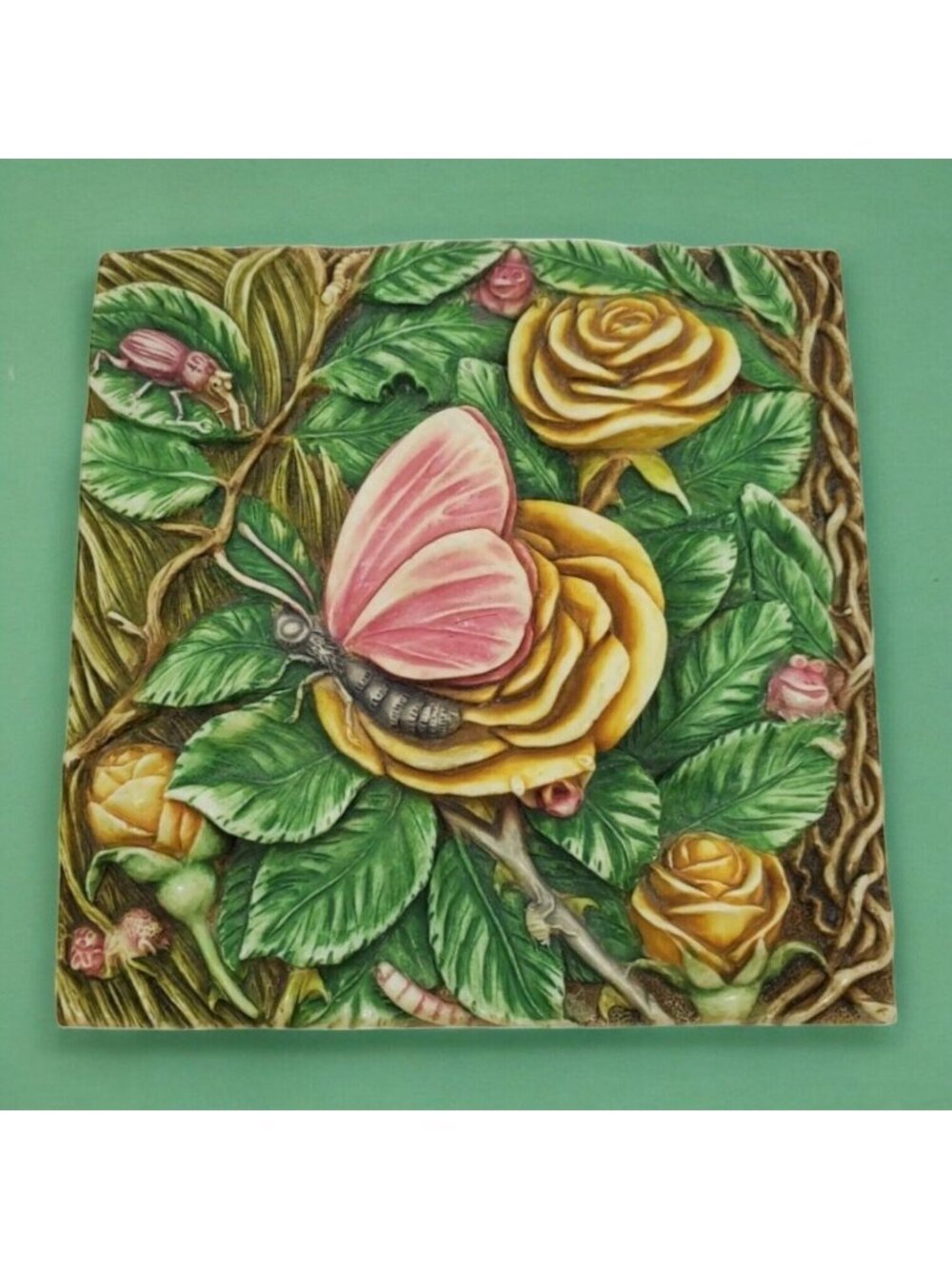 Vtg Picturesque By Mayfly Madame Butterfly & Roses Tile Magnet 4"x4" Handcrafted